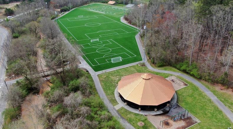 Improvements began in Aug. 2020 at Gary Pirkle Park in Sugar Hill for the addition of three new fields at the park, converting the natural turf areas to synthetic turf. (Courtesy City of Sugar Hill)