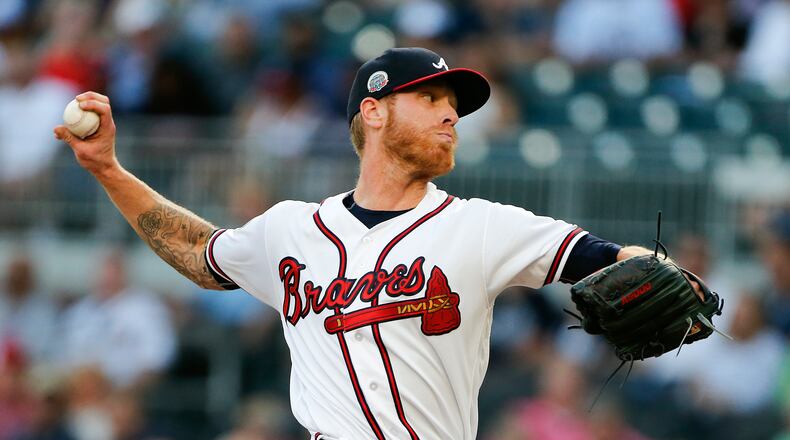 Braves starting pitcher Mike Foltynewicz works against the Toronto Blue Jays. (AP Photo/John Bazemore)