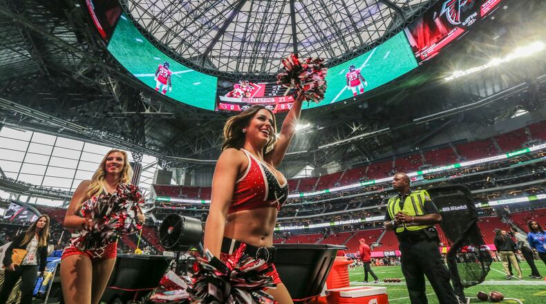 August 26, 2017 Atlanta: Falcons cheerleaders before opening kick off on Saturday, Aug. 26, 2017 at the opening of the brand new Mercedes Benz Stadium and pre-season NFL game between the Atlanta Falcons and the Phoenix Cardinals. JOHN SPINK/JSPINK@AJC.COM