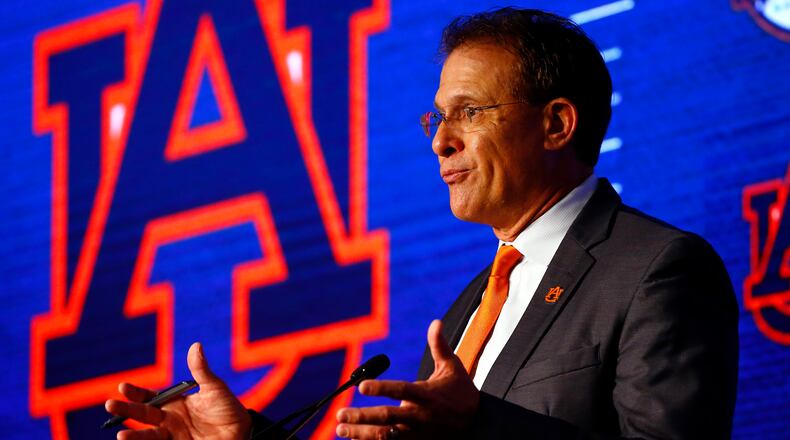 Auburn head coach Gus Malzahn speaks to reporters during the SEC Media Days, Thursday, July 18, 2019, in Hoover, Ala.