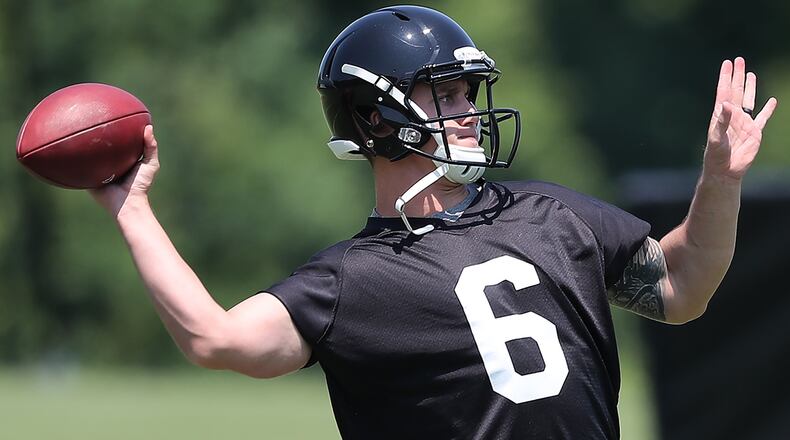 Quarterback Kurt Benkert throws a pass during the second day of Falcons rookie-mini-camp on Saturday, May 12, 2018, in Flowery Branch. Curtis Compton/ccompton@ajc.com
