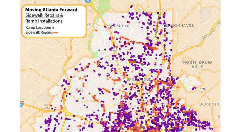 This map displays the locations of each planned sidewalk repair and ramp installation through Atlanta that will be funded through the bonds that voters approved in May. (City of Atlanta)