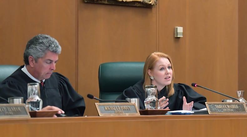 May 7, 2019 Atlanta - Justice Sarah Warren asks a question during a hearing at Georgia Supreme Court Atlanta on Tuesday, May 7, 2019. HYOSUB SHIN / HSHIN@AJC.COM