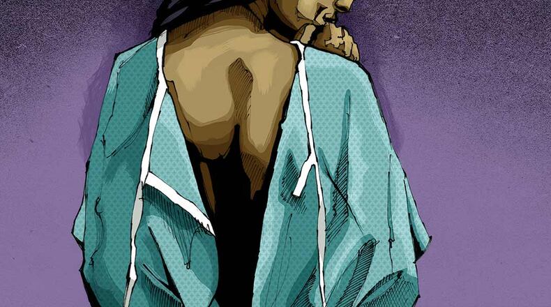 AJC Illustrator, Richard Watkins, favorite image in the "Doctors & Sex Abuse" series is the “open gown” illustration. “I feel almost everyone can relate to that image,” he said.