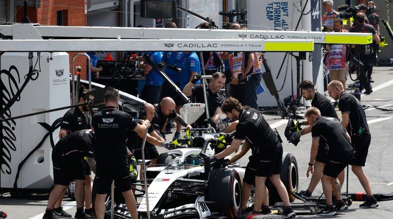Cadillac driver Sergio Perez of Mexico pulls into the pit area during free practice ahead of the Formula One Grand Prix at the Spa-Francorchamps racetrack in Spa, Belgium, Saturday, July 18, 2026. (AP Photo/Geert Vanden Wijngaert)