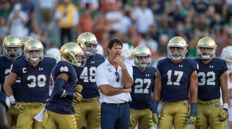05 September 2015: Notre Dame Fighting Irish defensive coordinator Brian VanGorder stands with his players in action during a game between the Notre Dame Fighting Irish and the Texas Longhorns at Notre Dame Stadium in South Bend, IN. (Icon Sportswire via AP Images)