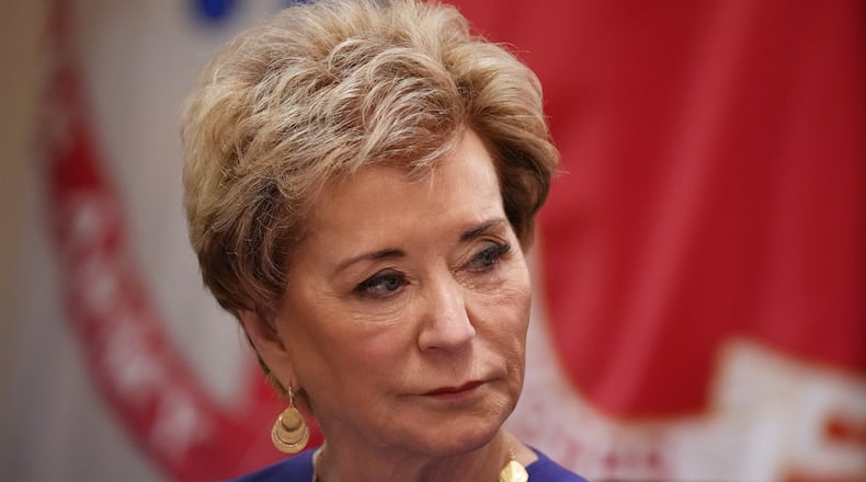 Secretary of Education Linda McMahon, attends a Cabinet meeting at the White House, Wednesday, May 27, 2026, in Washington. (AP Photo/Jacquelyn Martin)