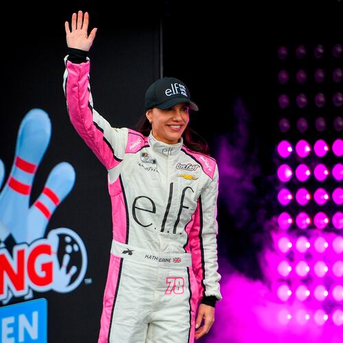 FILE - Katherine Legge (78) is introduced before a NASCAR Cup Series auto race on May 10, 2026, in Watkins Glen, N.Y. (Photo/Adrian Kraus, File)