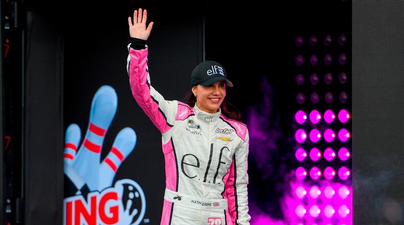 FILE - Katherine Legge (78) is introduced before a NASCAR Cup Series auto race on May 10, 2026, in Watkins Glen, N.Y. (Photo/Adrian Kraus, File)
