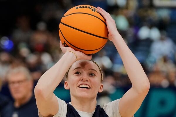 UConn guard Paige Bueckers shoots free throws during practice at the Final Four of the NCAA college basketball tournament Saturday, April 5, 2025, in Tampa, Fla. (AP Photo/Chris O'Meara)