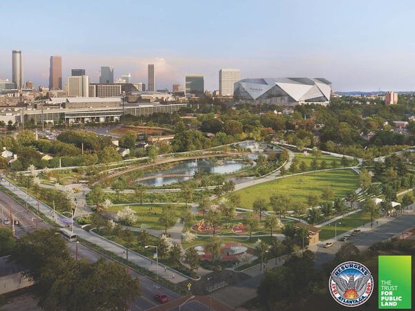 A rendering of the future Rodney Cook Sr. Park near Mercedes-Benz Stadium in Vine City. Rendering courtesy of the city of Atlanta and Trust for Public Land.