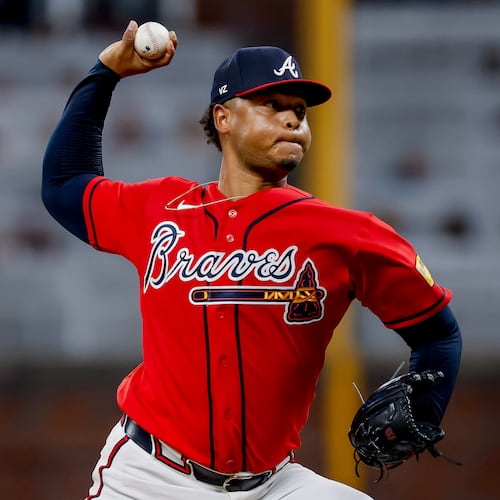 Atlanta Braves pitcher Elieser Hernández delivers to a Washington Nationals batter during the ninth inning of a baseball game, Friday, July 31, 2026, in Atlanta. (Erik S. Lesser/AP)