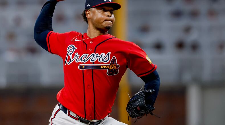 Atlanta Braves pitcher Elieser Hernández delivers to a Washington Nationals batter during the ninth inning of a baseball game, Friday, July 31, 2026, in Atlanta. (Erik S. Lesser/AP)