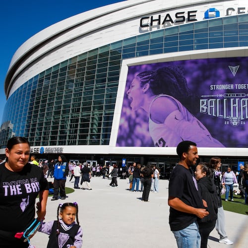 Fans arrive for an WNBA basketball game between the Golden State Valkyries and the Phoenix Mercury at Chase Center in San Francisco, Sunday, May 10, 2026. (Yalonda M. James/San Francisco Chronicle via AP)