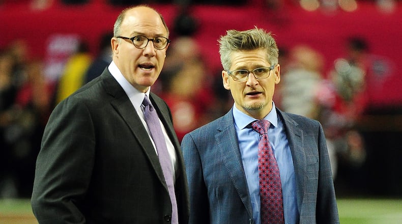 ATLANTA, GA - NOVEMBER 01: Thomas Dimitroff, general manager for the Atlanta Falcons, speaks to his assistant general manager, Scott Pioli, prior to the game against the Tampa Bay Buccaneers at the Georgia Dome on November 1, 2015 in Atlanta, Georgia. (Photo by Scott Cunningham/Getty Images)