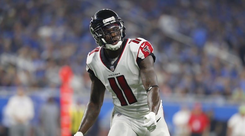 Atlanta Falcons wide receiver Julio Jones (11) waits on the snap during the first half of an NFL football game against the Detroit Lions, Sunday, Sept. 24, 2017, in Detroit. (AP Photo/Paul Sancya)