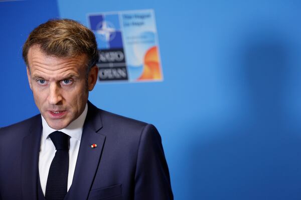 French President Emmanuel Macron speaks during a media conference at the NATO summit in The Hague, Netherlands, Wednesday, June 25, 2025. (AP Photo/Geert Vanden Wijngaert)