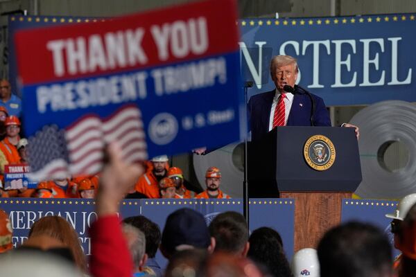 President Donald Trump speaks at U.S. Steel Corporation's Mon Valley Works-Irvin plant, Friday, May 30, 2025, in West Mifflin, Pa. (AP Photo/Julia Demaree Nikhinson)