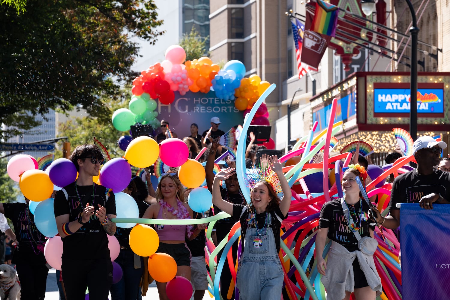 The Atlanta Pride Parade makes its way down Peachtree Street on Sunday, Oct. 12, 2025. (Ben Gray for the AJC)