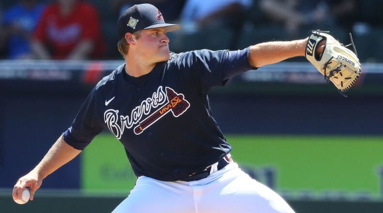 Braves starting pitcher Bryce Elder delivers against the Twins during the third inning of a spring training game Friday in North Port, Fla. (Curtis Compton/Atlanta Journal-Constitution via AP)