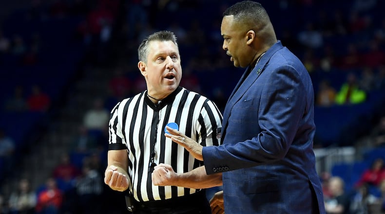 Coach Ron Hunter of the Georgia State Panthers argues with a referee against the Houston Cougars during their first-round game of the 2019 NCAA Men's Basketball Tournament at BOK Center on March 22, 2019 in Tulsa, Oklahoma. (Photo by Stacy Revere/Getty Images)