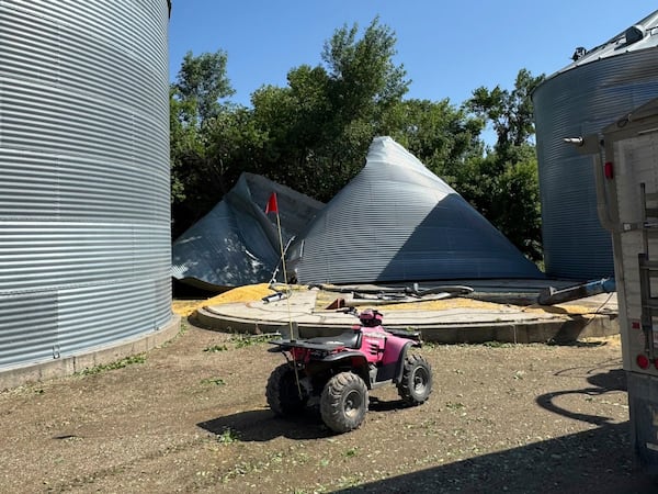 This photo taken Saturday, June 21, 2025, by Kylie Weber shows the grain bin lost in a storm at her family's farm near Oriska, N.D. (Kylie Weber via AP)