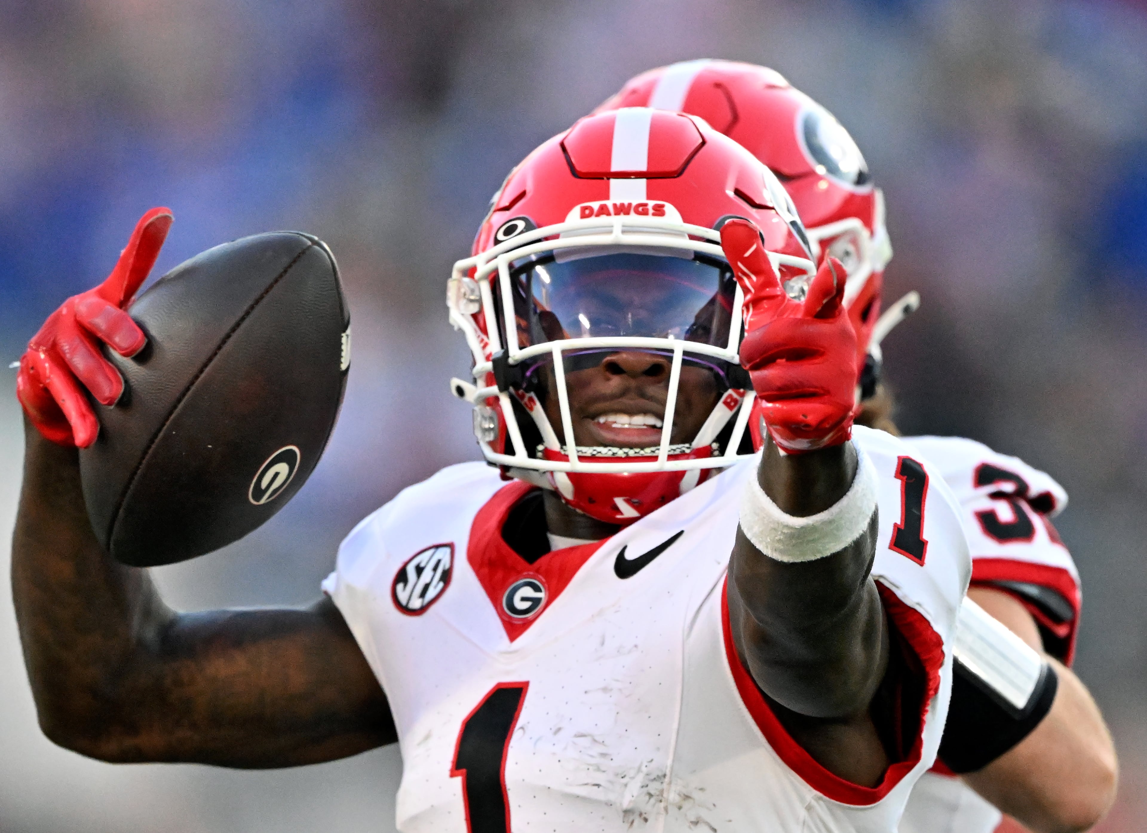 Georgia wide receiver Zachariah Branch (1) celebrates after running for a first down during the second half in an NCAA football game, Saturday, November 1, 2025, Jacksonville, Fla. Georgia won 24-20 over Florida. (Hyosub Shin / AJC)
