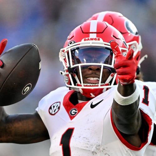 Georgia wide receiver Zachariah Branch (1) celebrates after running for a first down during the second half in an NCAA football game, Saturday, November 1, 2025, Jacksonville, Fla. Georgia won 24-20 over Florida. (Hyosub Shin / AJC)