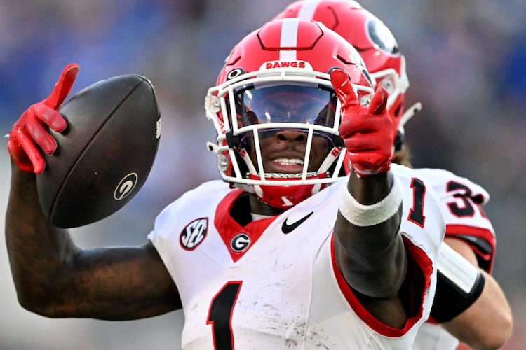 Georgia wide receiver Zachariah Branch (1) celebrates after running for a first down during the second half in an NCAA football game, Saturday, November 1, 2025, Jacksonville, Fla. Georgia won 24-20 over Florida. (Hyosub Shin / AJC)