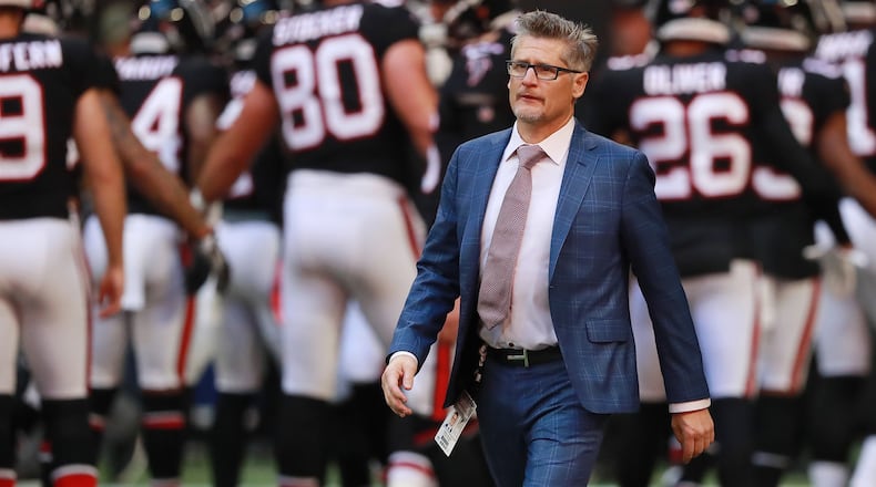 Atlanta Falcons general manager Thomas Dimitroff watches the team prepare to play the Seattle Seahawks Sunday, Oct. 27, 2019, in Atlanta.