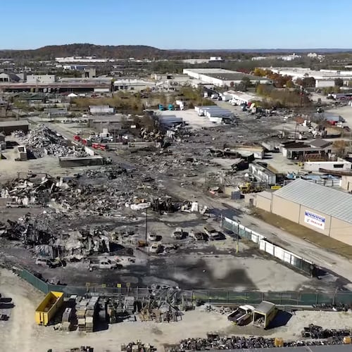 This photo provided by the National Transportation Safety Board shows UPS plane crash scene on Thursday, Nov. 6, 2025 in Louisville, Ky. (NTSB via AP)