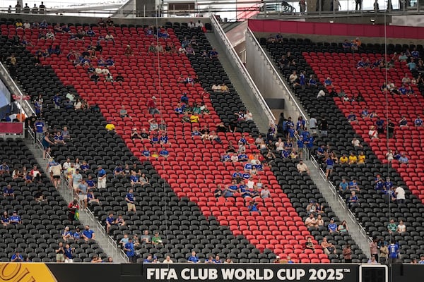 Fans wait for the start of the Club World Cup Group D soccer match between Chelsea and Los Angeles FC, Monday, June 16, 2025, in Atlanta. (AP Photo/Mike Stewart)