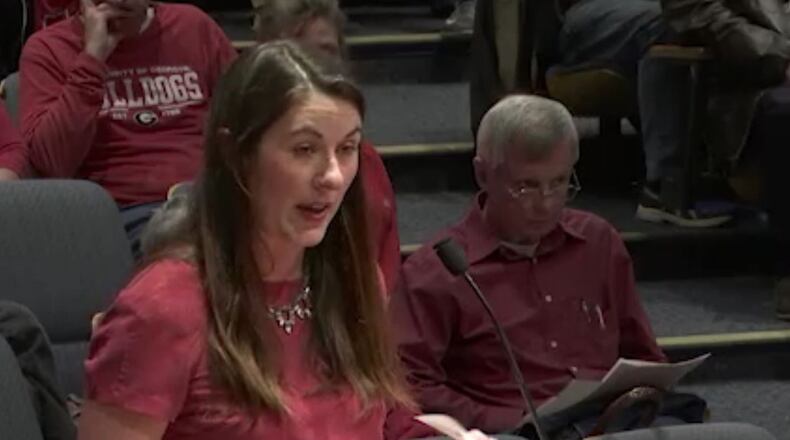Laura Walsh speaks in opposition to a proposed 356-home subdivision in southeastern Gwinnett during a March 6 meeting of the Gwinnett planning commission. (Screenshot)