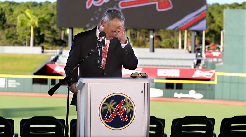 MLB commissioner Rob Manfred pauses before answering a question about the Houston Astros while holding his press conference to open spring training at the Atlanta Braves CoolToday Park on Sunday, Feb. 16, 2020, in North Port.