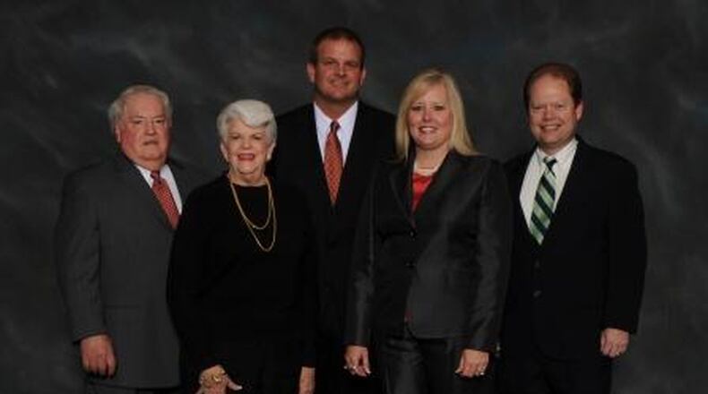 Buford City Schools Board of Education members have remained silent about allegations that Superintendent Geye Hamby used racial epithets to refer to black workers while having a conversation with board president Phillip Beard. Left to Right: Phillip Beard, Pat Pirkle, Daren Perkins, Beth Lancaster, Bruce Fricks. CONTRIBUTED