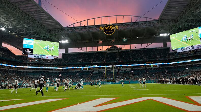 Miami Dolphins and Atlanta Falcons play during the first half of an exhibition game, Friday, Aug. 9, 2024, in Miami Gardens, Fla. (AP Photo/Lynne Sladky)