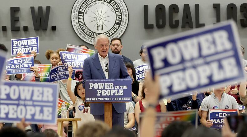 Sen. Ed Markey speaks during a Get Out the Vote event supporting Markey, Saturday, Aug. 29, 2026 in Boston. (AP Photo/Mark Stockwell)