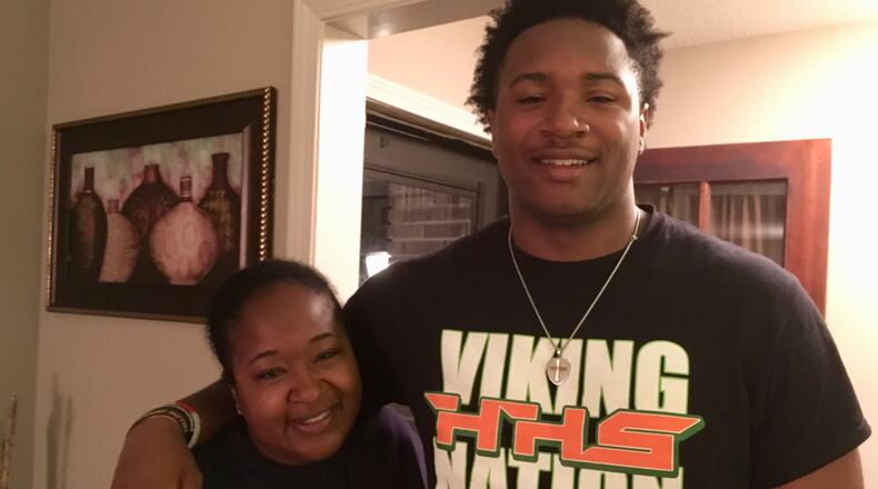 Georgia Tech defensive end Michael Lockhart with his mother Tiffany in their home in Birmingham, Ala., May 20, 2019. Tiffany described herself as a "relieved mother" to have her son attending Tech on scholarship. "I'm not worried about a thing," she said. (Ken Sugiura/AJC)
