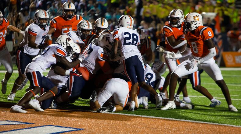 The North Cobb warriors are stopped short of the touchdown during overtime in the North Cobb vs. Northside high school football game on Friday, September 16, 2022, in Kennesaw, Georgia. Northside defeated North Cobb 20-17. CHRISTINA MATACOTTA FOR THE ATLANTA JOURNAL-CONSTITUTION.