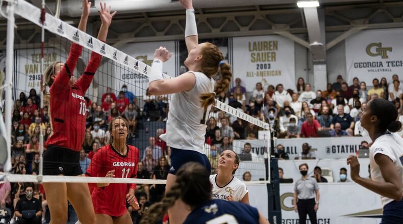 Georgia's Kayla Rivera challenges Georgia Tech's Julia Bergmann at the net in the Yellow Jackets' win over the Bulldogs September 18, 2021 at Tech's O'Keefe Gymnasium. (Georgia Tech Athletics)