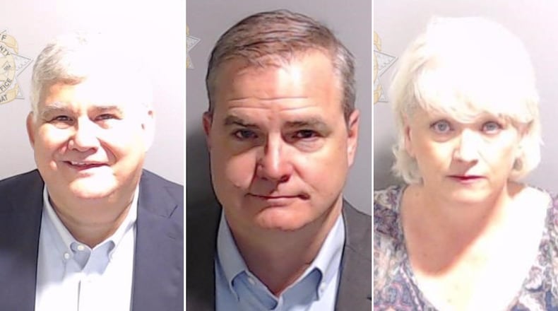 The booking photos for (l-r) former state Republican Party Chairman David Shafer, State Sen. Shawn Still (R-Norcross), and Cathleen Latham,  former chairwoman of the Coffee County Republican Party. All three were “alternative” electors who are charged in the sweeping racketeering prosecution in Fulton County. (Fulton County Sheriff's Office)