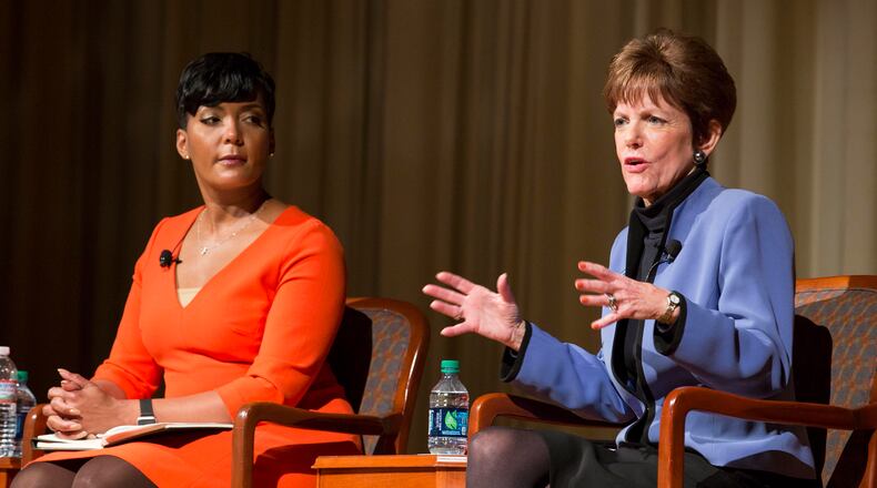 Atlanta mayoral candidates Keisha Lance Bottoms, left, and Mary Norwood, participate in a forum at the Carter Center, Tuesday, November 28, 2017. The winner of the election will be the second woman in history to lead the city of Atlanta. ALYSSA POINTER/ALYSSA.POINTER@AJC.COM