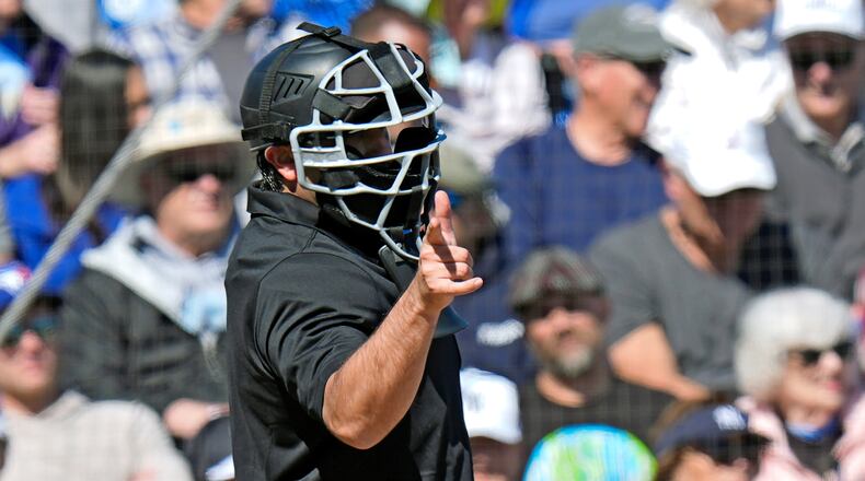 FILE 0 Home plate umpire Tom Fornarola calls a strike during the fifth inning of a spring training baseball game between the Toronto Blue Jays and the New York Yankees Tuesday, Feb. 24, 2026, in Dunedin, Fla. (AP Photo/Chris O'Meara, File)