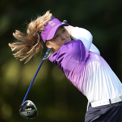 Brooke Henderson of World Team tees off on the fourth hole during the pool B match against Sweden team for the LPGA International Crown golf tournament at the New Korea Country Club in Goyang, South Korea, Saturday, Oct. 25, 2025. (AP Photo/Lee Jin-man)