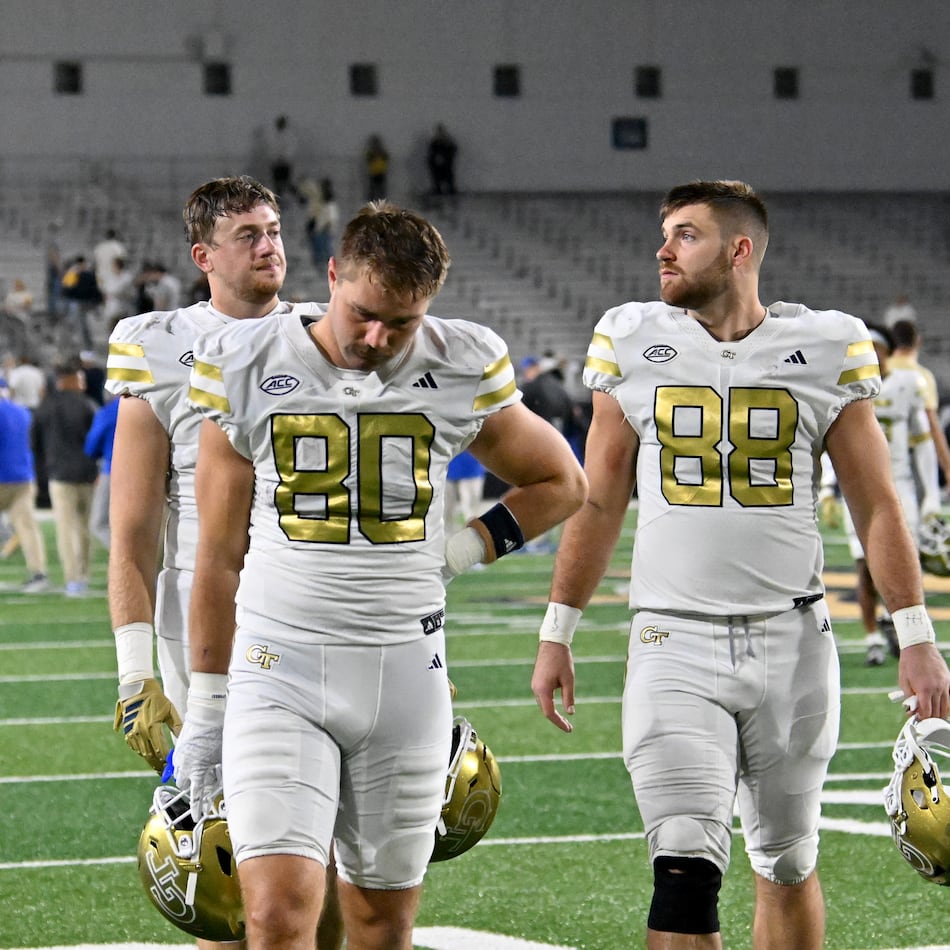 Georgia Tech players leave the field after Pittsburgh beat Georgia Tech 42-28 on Saturday, Nov. 22, 2025, at Bobby Dodd Stadium, 5 in Atlanta. (Hyosub Shin/AJC)