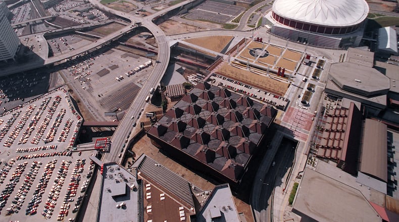 An aerial photo of the Omni and the Georgia Dome in 1997.