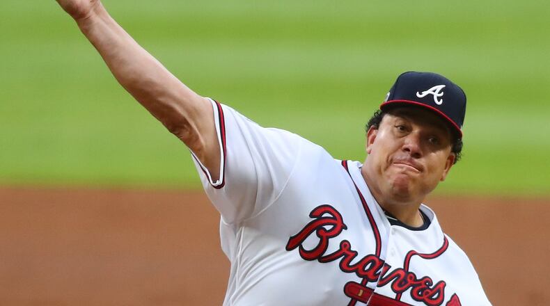 May 3, 2017, Atlanta: Atlanta Braves Bartolo Colon delivers a pitch against the New York Mets during the first inning of a MLB baseball game on Wednesday, May 3, 2017, in Atlanta. Curtis Compton/ccompton@ajc.com