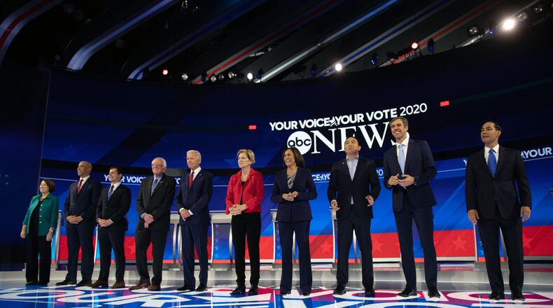 Candidates for the Democratic nomination for president take the stage for a debate at Texas Southern University in Houston: From left: Sen. Amy Klobuchar (D-Minn.), Sen. Cory Booker (D-N.J.), Mayor Pete Buttigieg of South Bend, Ind., Sen. Bernie Sanders (I-Vt.), former Vice President Joe Biden, Sen. Elizabeth Warren (D-Mass.), Sen. Kamala Harris (D-Calif.), the entrepreneur Andrew Yang, former Rep. Beto O’Rourke of Texas, and former Housing Secretary Julian Castro. (Tamir Kalifa/The New York Times)
