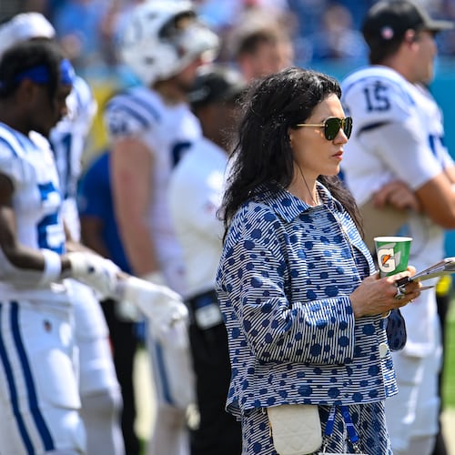 Indianapolis Colts owner Carlie Irsay-Gordon roams the sidelines during games, and her passive, hands-on approach has garnered the respect of the team's players, coaches and staff. (John Amis/AP)