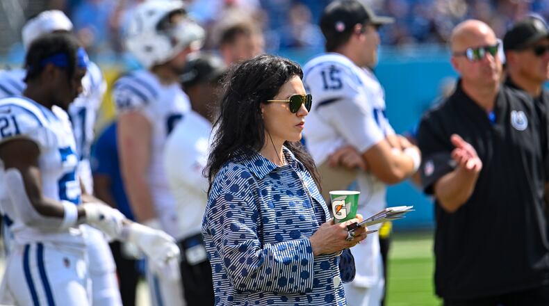 Indianapolis Colts owner Carlie Irsay-Gordon roams the sidelines during games, and her passive, hands-on approach has garnered the respect of the team's players, coaches and staff. (John Amis/AP)